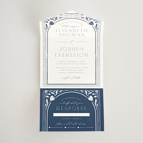 This is a delphinium all in one wedding invitations with standard by Ashley DeMeyere called nouveau frame printing on strathmore in all-in-one