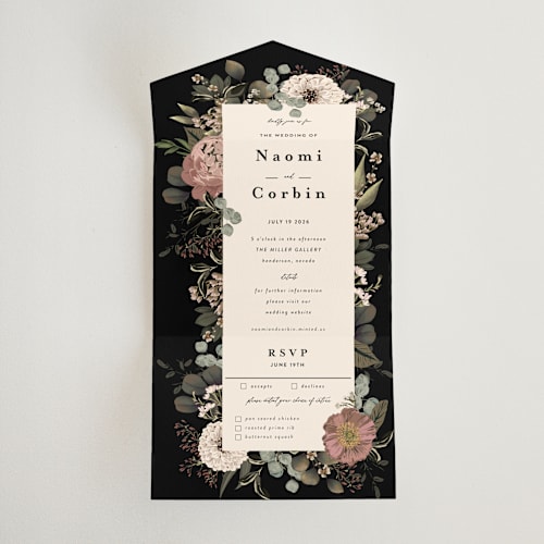 This is a fawn all in one wedding invitations with standard by Susan Moyal called peonies & sage printing on strathmore in all-in-one