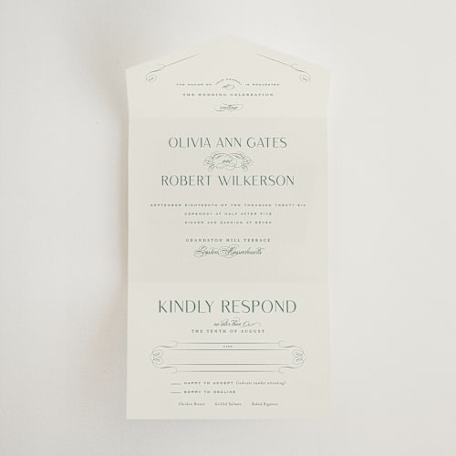 This is a emerald all in one wedding invitations with standard by Kimberly Morgan called chantilly printing on strathmore in all-in-one