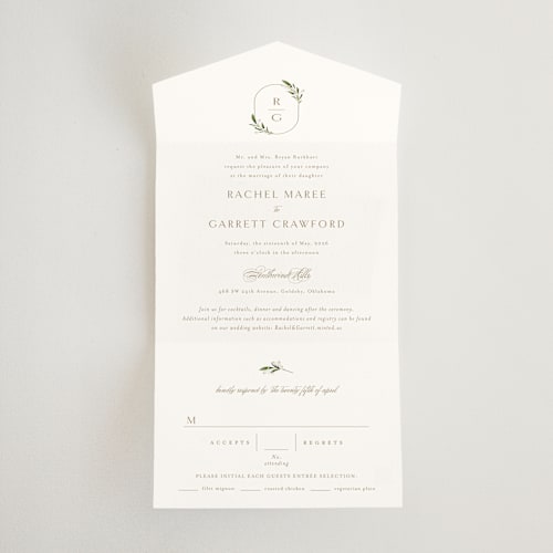 This is a champagne all in one wedding invitations with standard by Jennifer Postorino called soft sprigs printing on signature in all-in-one