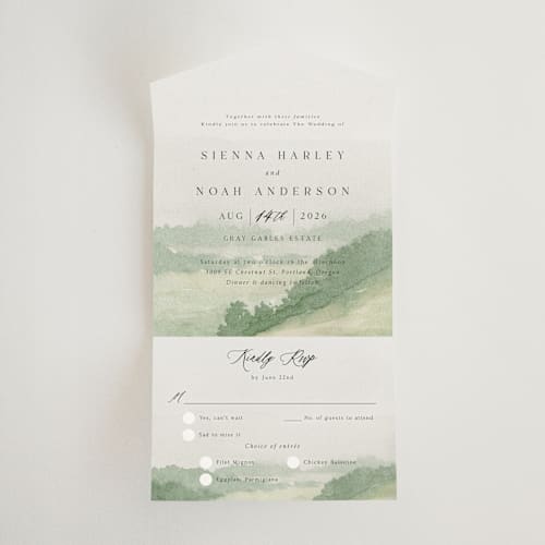 This is a meadow all in one wedding invitations with standard by Elly called the vow printing on strathmore in all-in-one