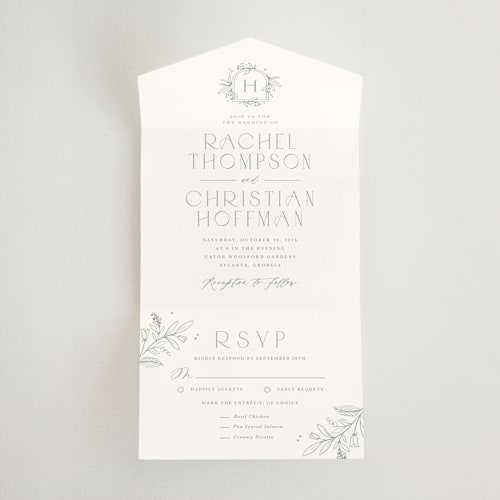 This is a sage all in one wedding invitations with standard by Kristen Smith called simple crest printing on strathmore in all-in-one