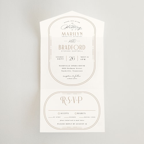 This is a black tie all in one wedding invitations with standard by Hooray Creative called encapsulated printing on strathmore in all-in-one