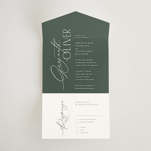 This is a forest all in one wedding invitations with standard by Kelly Schmidt called flip printing on strathmore in all-in-one