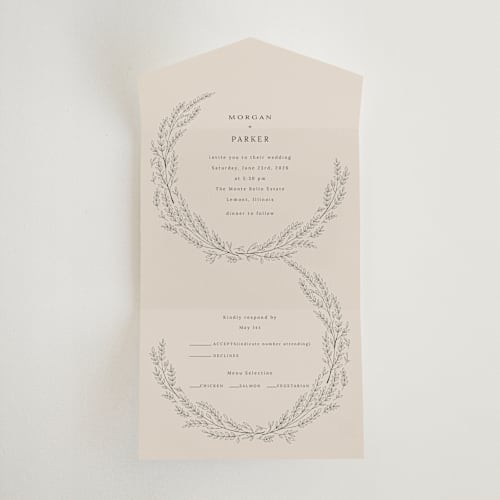 This is a taupe all in one wedding invitations with standard by Ghazal Ali called leafy wreath printing on strathmore in all-in-one