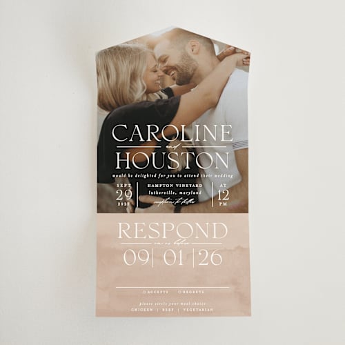 This is a snow all in one wedding invitations with standard by Erin L. Wilson called getaway printing on signature in all-in-one