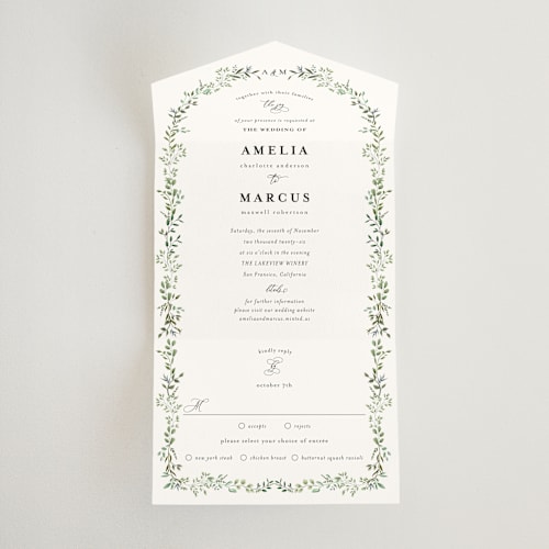 This is a mojito all in one wedding invitations with standard by Susan Moyal called monogramed arch printing on strathmore in all-in-one