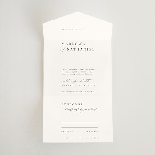 This is a silk all in one wedding invitations with standard by Kelly Schmidt called astoria printing on value cover in all-in-one
