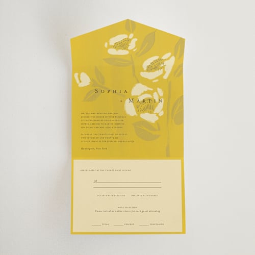 This is a sunshine all in one wedding invitations with standard by Ani Somi called sophia printing on strathmore in all-in-one