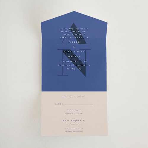 This is a marseille bleu all in one wedding invitations with standard by Up Up Creative called centro printing on strathmore in all-in-one