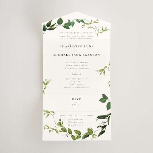 This is a fern all in one wedding invitations with standard by Susan Moyal called greenery printing on strathmore in all-in-one