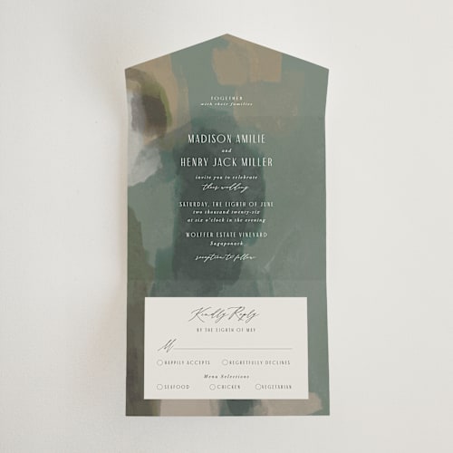 This is a moss all in one wedding invitations with standard by Nicoletta Savod called verdant printing on strathmore in all-in-one