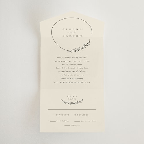 This is a almond all in one wedding invitations with standard by Brianne Larsen called branched printing on value cover in all-in-one