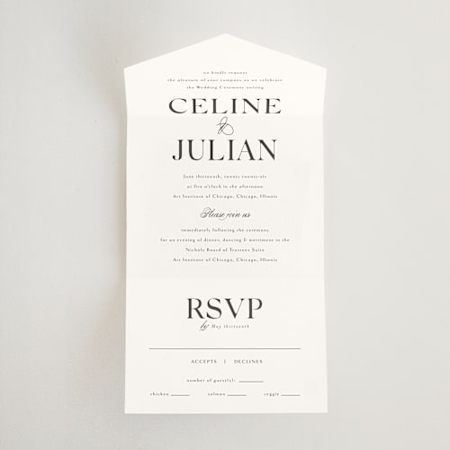 This is a opal all in one wedding invitations with standard by Melanie Kosuge called celine printing on strathmore in all-in-one