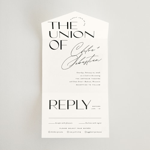 This is a diamond all in one wedding invitations with standard by Jessica Corliss called union stack printing on strathmore in all-in-one