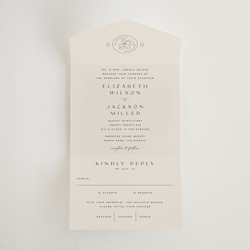This is a stone all in one wedding invitations with standard by Owl and Toad called wine label printing on strathmore in all-in-one