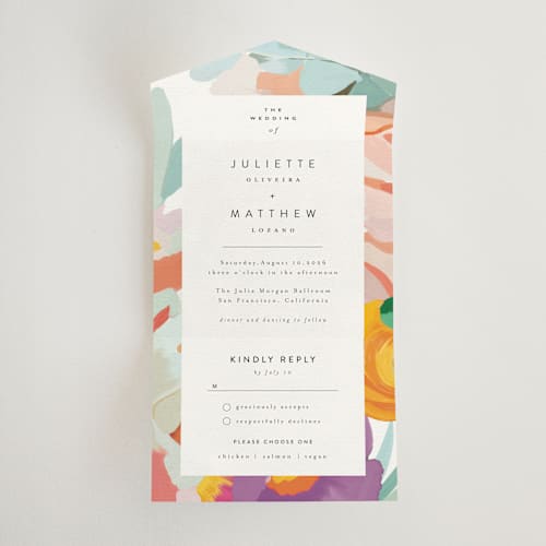 This is a bouquet all in one wedding invitations with standard by Maria Hilas-Louie called abstract florals printing on strathmore in all-in-one