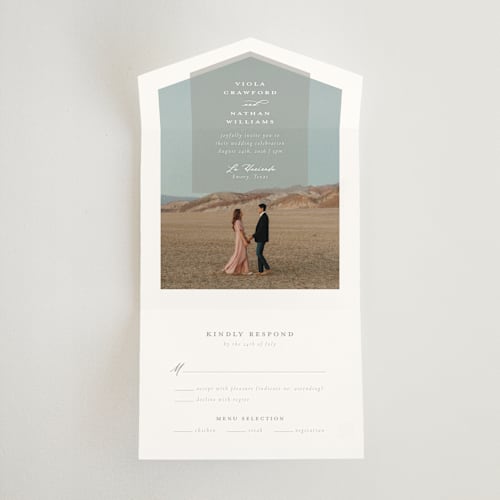 This is a dove all in one wedding invitations with standard by Meggy Masters called overlay printing on strathmore in all-in-one