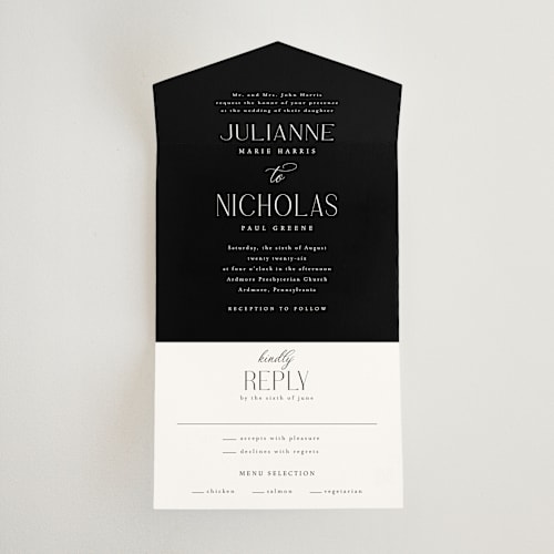 This is a snow all in one wedding invitations with standard by Katherine Moynagh called bold elegance printing on strathmore in all-in-one