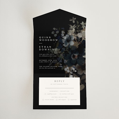 This is a midnight all in one wedding invitations with standard by Grace Kreinbrink called vintage botanical printing on strathmore in all-in-one