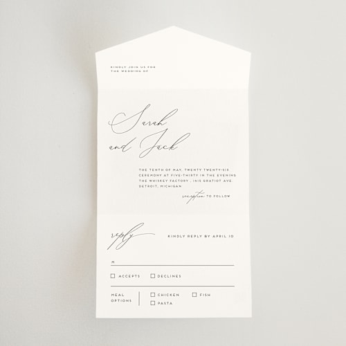 This is a tuxedo all in one wedding invitations with standard by Genna Blackburn called the script printing on strathmore in all-in-one