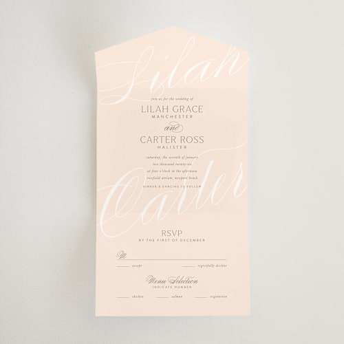 This is a blush all in one wedding invitations with standard by Stacey Day called classic lux printing on strathmore in all-in-one