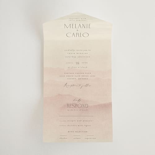 This is a sand all in one wedding invitations with standard by Maja Cunningham called desert dream printing on strathmore in all-in-one