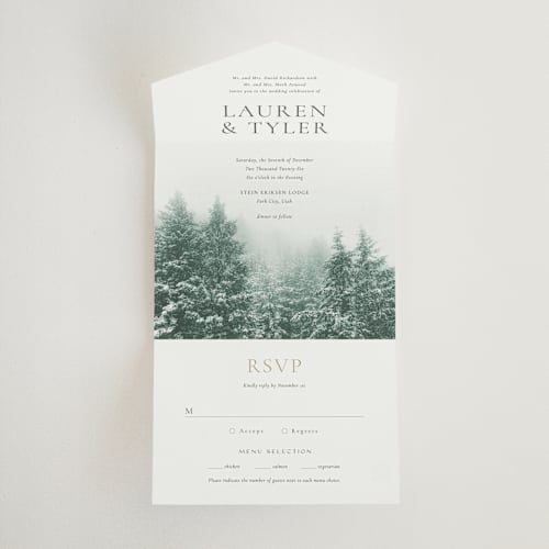 This is a alpine all in one wedding invitations with standard by Eric Clegg called winter's edge printing on strathmore in all-in-one