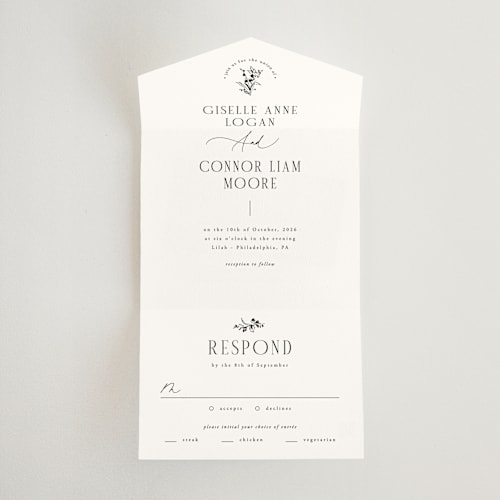 This is a cotton all in one wedding invitations with standard by Everett Paper Goods called quintessential printing on strathmore in all-in-one