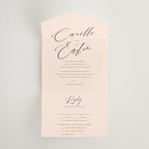 This is a first kiss all in one wedding invitations with standard by Design Lotus called vision of love printing on strathmore in all-in-one