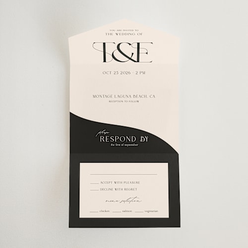 This is a charcoal all in one wedding invitations with standard by Claudia Orengo called engraved printing on strathmore in all-in-one