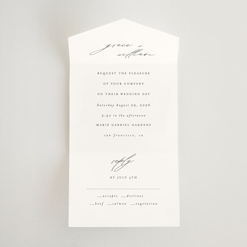 This is a cotton all in one wedding invitations with standard by Angela Thompson called delicate script printing on strathmore in all-in-one
