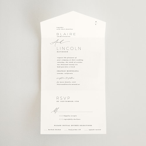 This is a tuxedo all in one wedding invitations with standard by Kate Ahn called paire printing on signature in all-in-one