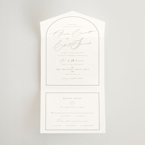 This is a olive all in one wedding invitations with standard by Kristie Kern called amelia printing on strathmore in all-in-one
