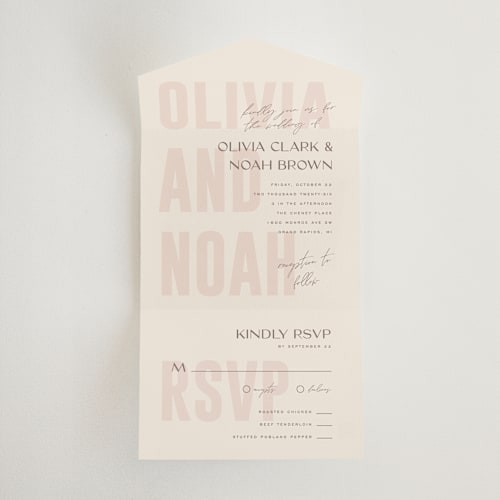 This is a blush all in one wedding invitations with standard by Pixel and Hank called salted printing on strathmore in all-in-one
