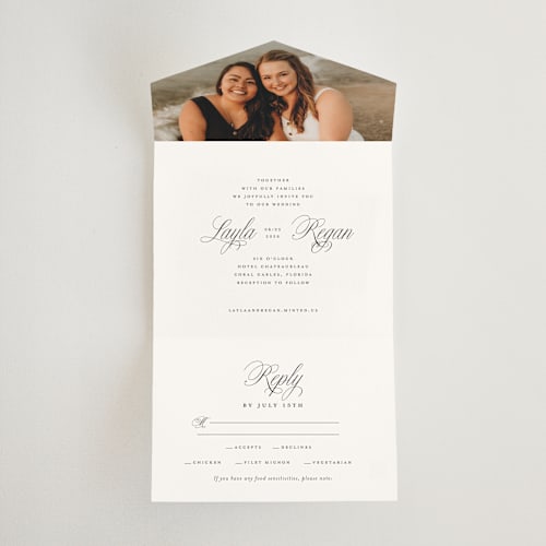 This is a ebony all in one wedding invitations with standard by Laura Hamm called simply classic printing on strathmore in all-in-one