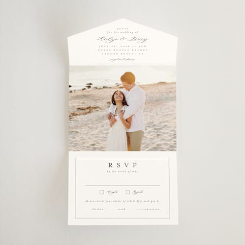 This is a ivory all in one wedding invitations with standard by Nicole Walsh called minimalist photo printing on strathmore in all-in-one