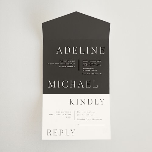This is a slate all in one wedding invitations with standard by That Girl Press called around the way printing on strathmore in all-in-one