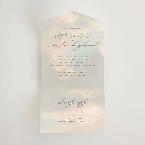 This is a dove all in one wedding invitations with standard by Olivia Kanaley Inman called daybreak printing on strathmore in all-in-one