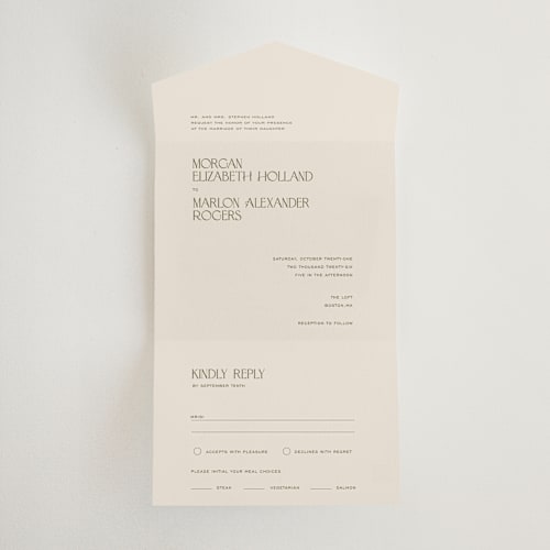 This is a vanilla bean all in one wedding invitations with standard by Pati Cascino called eisin printing on strathmore in all-in-one