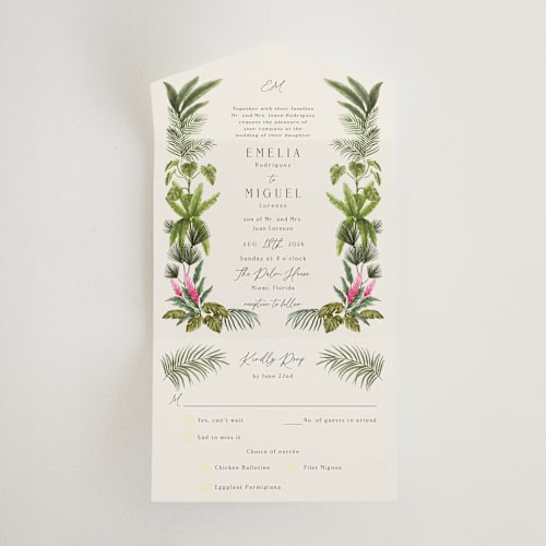 This is a lime all in one wedding invitations with standard by Elly called tropical garden printing on strathmore in all-in-one
