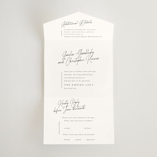 This is a tuxedo all in one wedding invitations with standard by Jackie Mangiolino called opera printing on strathmore in all-in-one