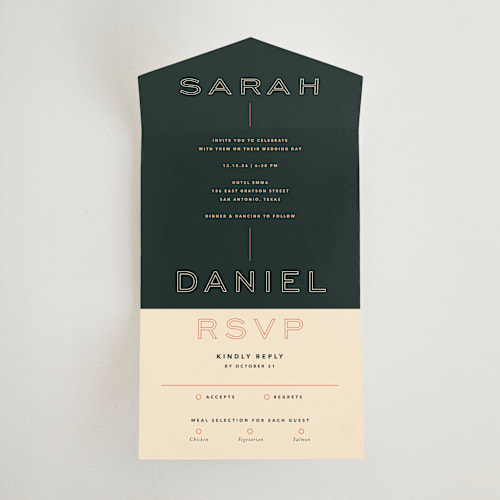 This is a evergreen all in one wedding invitations with standard by Kindred Fields called top to bottom printing on strathmore in all-in-one
