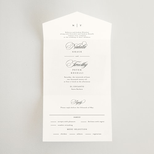 This is a noir all in one wedding invitations with standard by Kimberly FitzSimons called sincerity printing on value cover in all-in-one