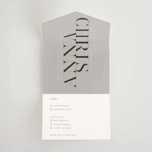 This is a dove gray all in one wedding invitations with standard by Up Up Creative called show printing on strathmore in all-in-one
