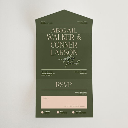 This is a olive all in one wedding invitations with standard by Pixel and Hank called martini printing on strathmore in all-in-one