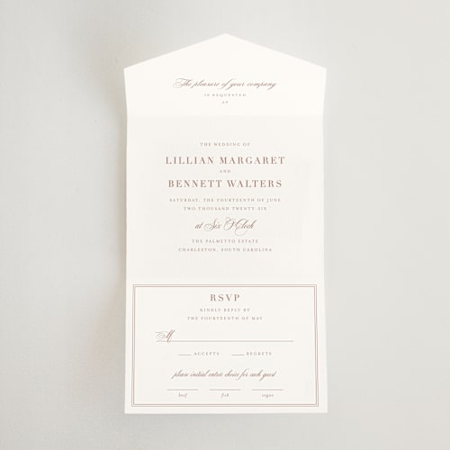 This is a blush all in one wedding invitations with standard by Megan Davis called charleston printing on signature in all-in-one