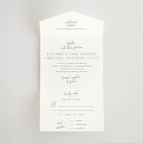 This is a pearl all in one wedding invitations with standard by Jackie Mangiolino called symphony printing on strathmore in all-in-one