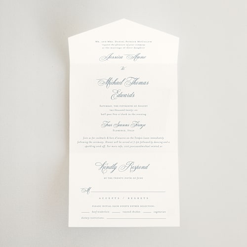 This is a dusty blue all in one wedding invitations with standard by Jennifer Postorino called empire printing on value cover in all-in-one