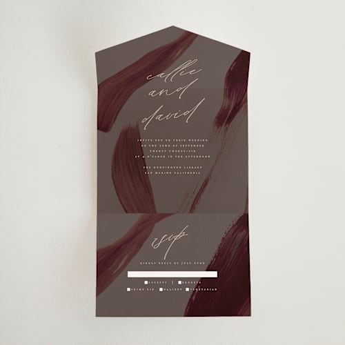 This is a walnut all in one wedding invitations with standard by Olivia Kanaley Inman called garnet printing on strathmore in all-in-one